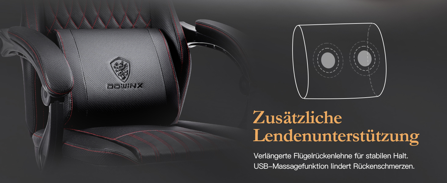 Ігровий крісло Dowinx з підголівником та масажем попереку, ергономічний геймерський крісло з підніжкою, офісне крісло з PU шкірою, чорний