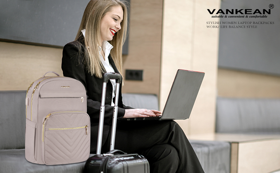 Рюкзак для ноутбука 15.6 дюймів Vankean, водонепроникний, з USB-портом для зарядки, чорний/рожевий, для жінок та чоловіків, для роботи, навчання, подорожей та кемпінгу