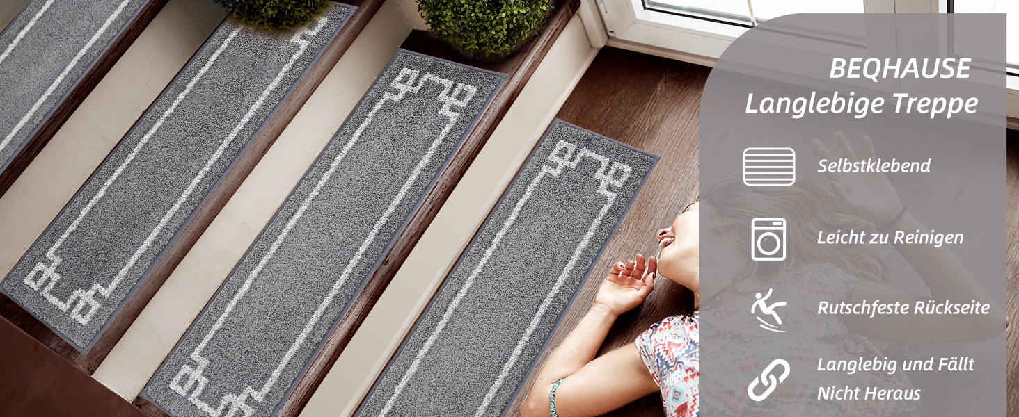 Килимочки на сходи BEQHAUSE, комплект 15 шт. Самоклеючі килимки на сходи для дітей, літніх людей та домашніх тварин, 100% поліестер, TPE-підкладка, 22x70 см (Сірий)