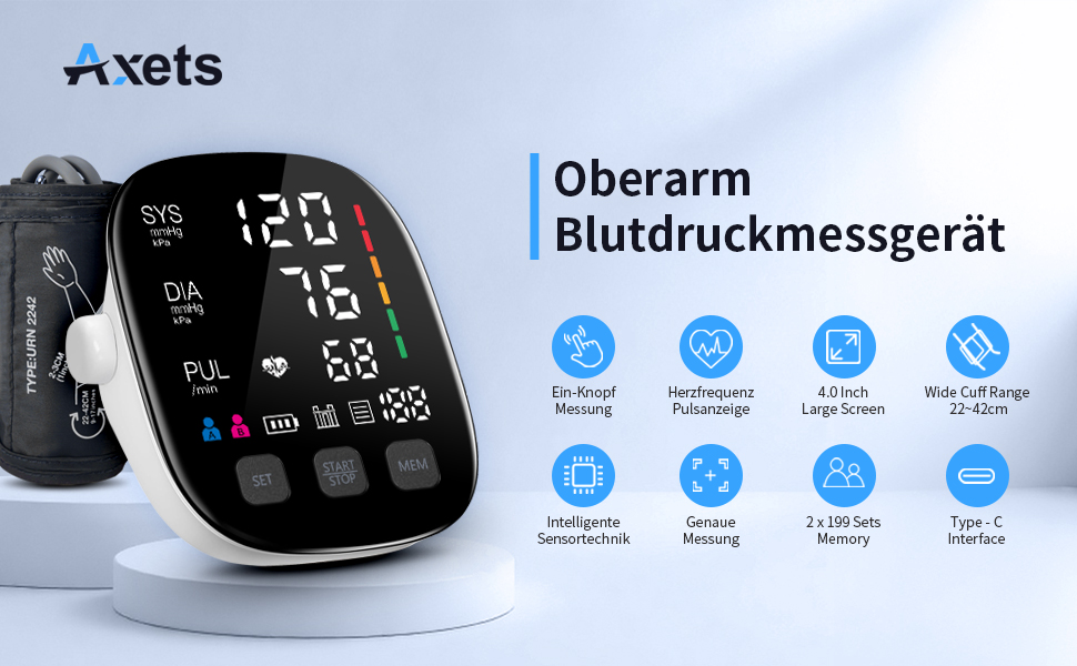 Тонометр на плече з великим LED-дисплеєм, визначення аритмії, вимірювання пульсу та індикатор ризику, 2×199 місця пам'яті, USB-порт, манжета 22-42 см