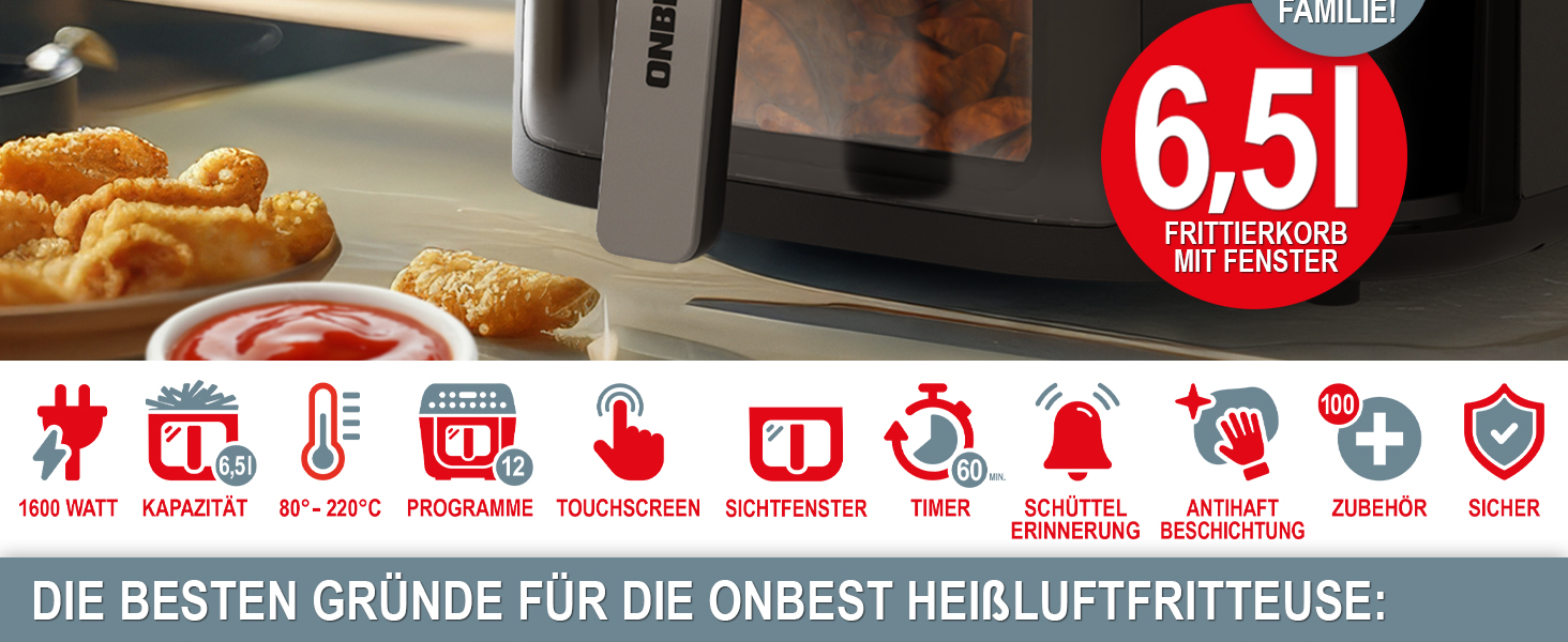 Фритюрниця ONBEST з великим оглядовим вікном та 12 програмами приготування – XL Airfryer об'ємом 6,5 л, 1600 Вт + 100 листів пергаментного паперу для випікання. Готування без олії для 2-5 осіб