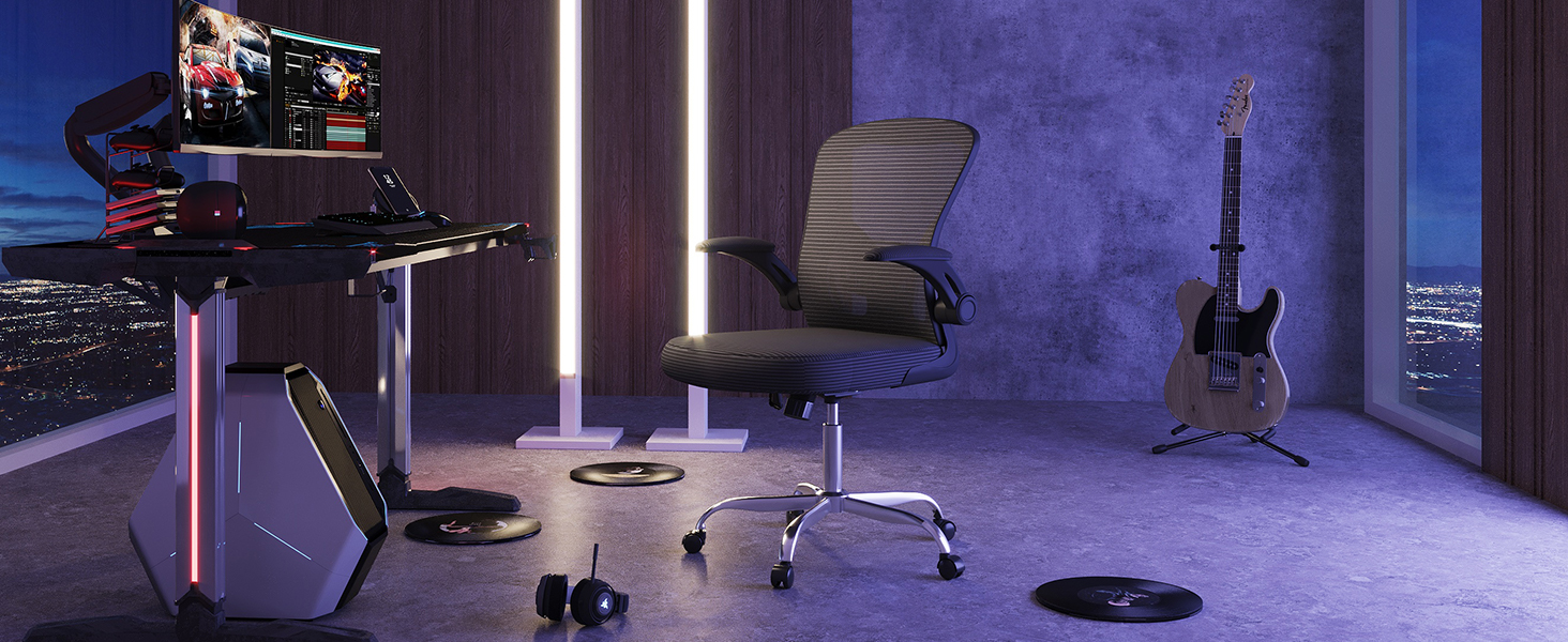 Офісний стіл DEVAISE: ергономічне крісло з регульованою поперековою підтримкою та відкидними підлокітниками, регульована висота, до 136 кг, для офісу (Чорний, без підголівника)