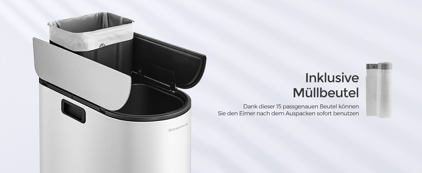 Сміттєве відро SONGMICS для кухні з сортувальником, 30 л + 20 л, 2 відділення, з педаллю, білий + металік срібло