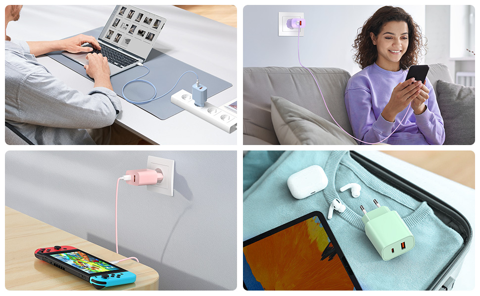 Зарядний пристрій 2 в 1 USB-C 20W, 2 порти (USB-C/USB-A) для iPhone 17 Pro Max/16/15/14/13/12, Galaxy, iPad - кабель Type-C 2м, блакитний (2 шт)