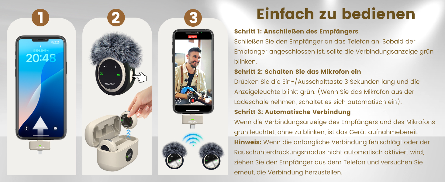 Мікрофон 2-в-1 для iPhone та Android з шумозаглушенням, кейс на 40 годин, магнітна застібка та кріплення для інтерв'ю, 25 метрів (Бежевий)