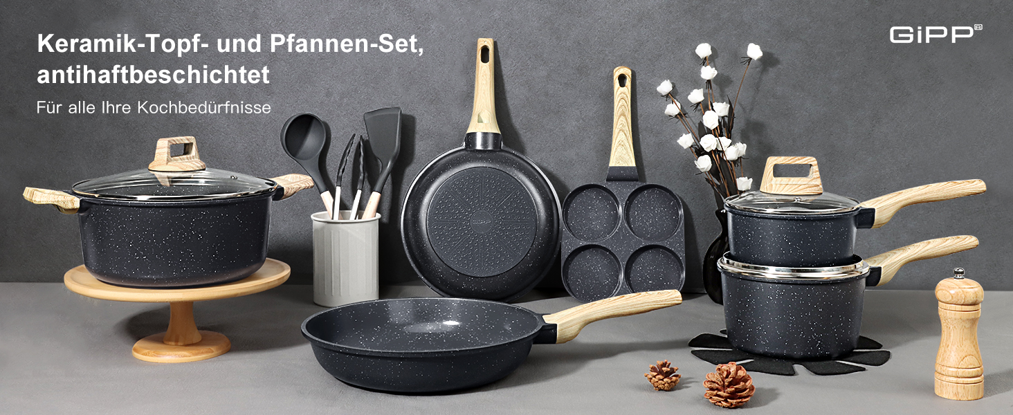 Набір посуду GiPP 17 предметів: каструлі та сковороди з антипригарним покриттям, сірий колір