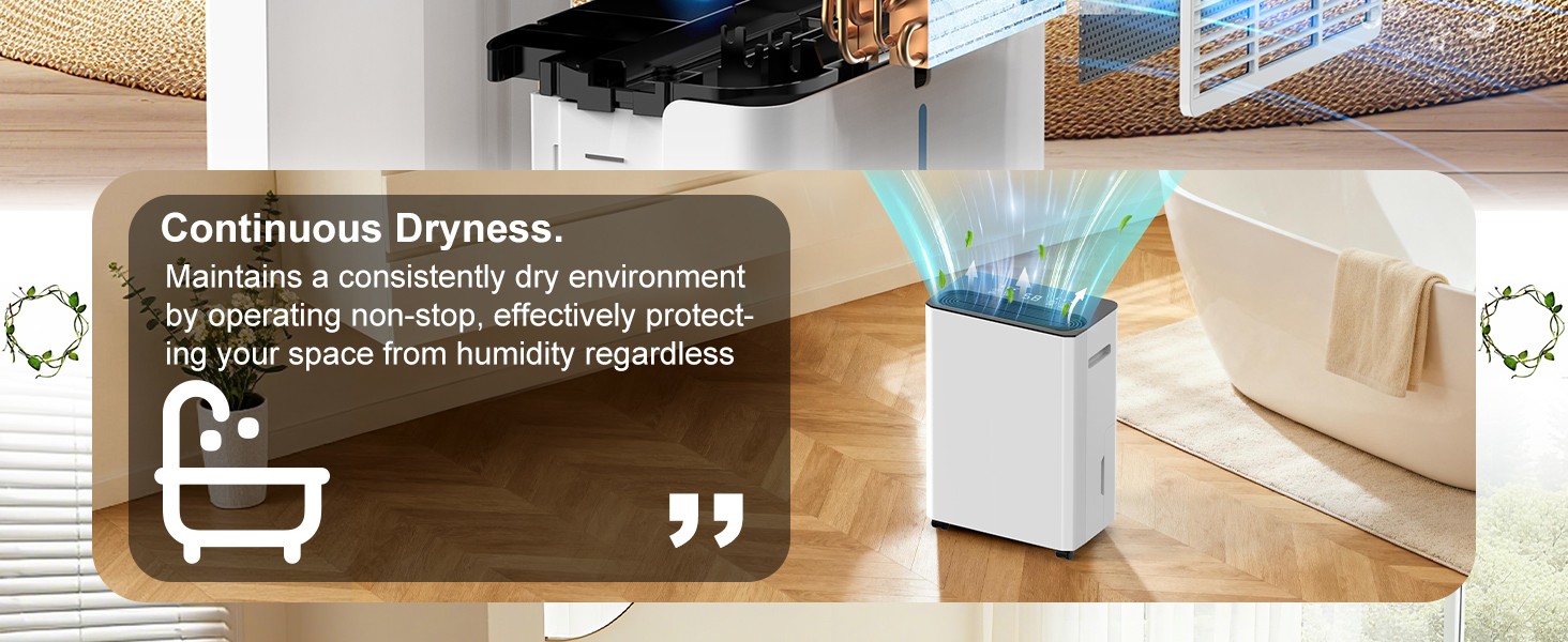 Електричний осушувач повітря з автоматичною та безперервною подачею води (шланг у комплекті), для спалень та підвалів, LED-дисплей, тихий з таймером (12л/день)