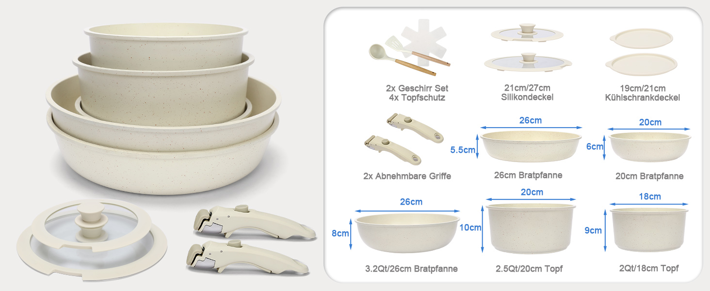 GFTIME 17-Piece Cookware Set with Non-Stick Ceramic Coating - Induction Compatible Pots and Pans Set, Stackable & Dishwasher Safe, 20/26cm Glass Lids, PFOA/PTFE/PFAS-Free