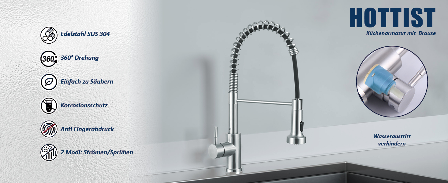 Чорний кухонний змішувач з висувною лійкою, високий поворотний вигин, 2 режими розпилення, нержавіюча сталь, шорстка поверхня