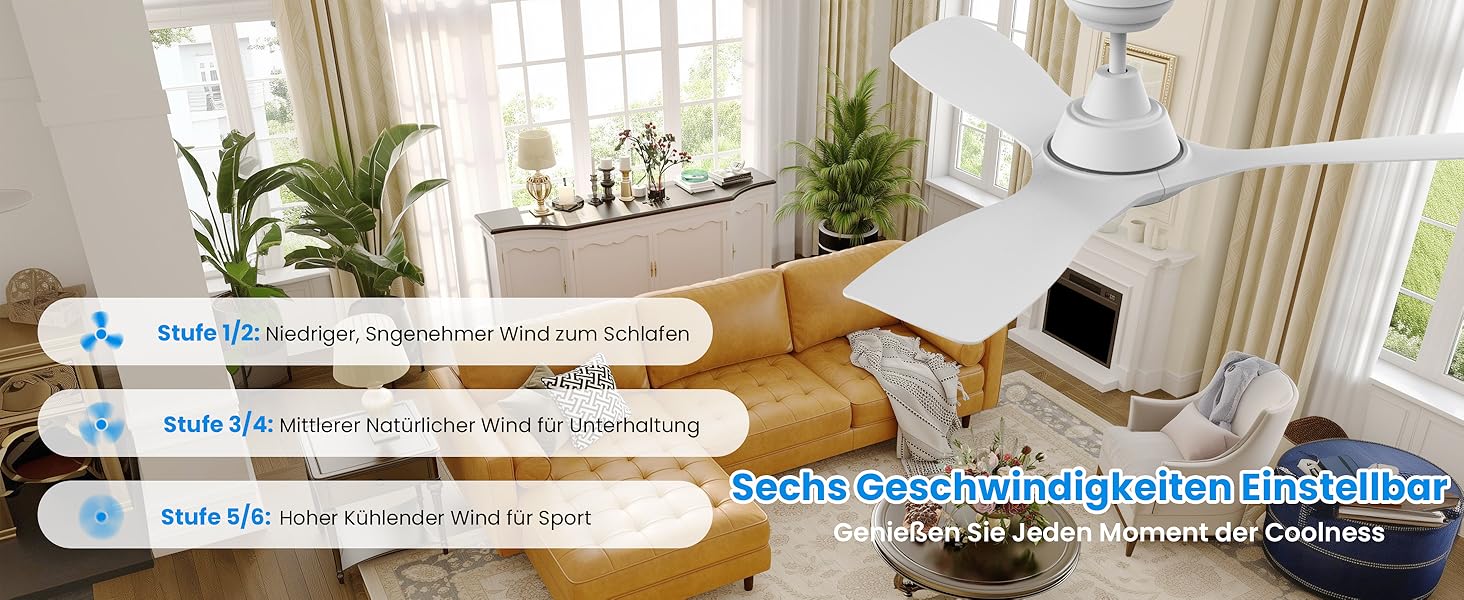 Стеляний вентилятор CJOY з підсвіткою, 107 см, з пультом керування, DC, тихий, з функцією реверсу, пам'ять 3CCT, диммування, 6 швидкостей, таймер для спальні, білий