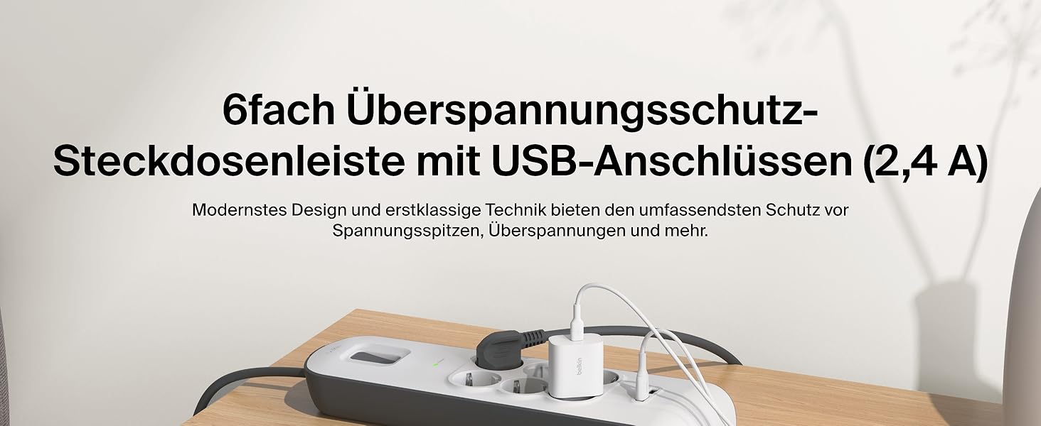 Мережевий фільтр Belkin з USB, 8 розеток, 2.4A, 2м кабель, для дому та офісу