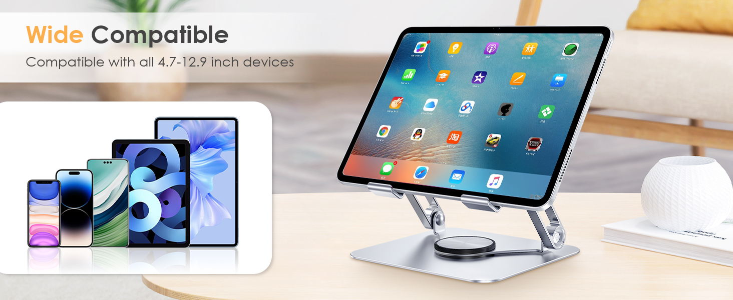 Підставка для iPad та планшетів (4–13 дюймів) з обертовою базою 360°, складаний алюмінієвий тримач для iPad Pro, Air, Mini, Samsung Tab, сріблястий
