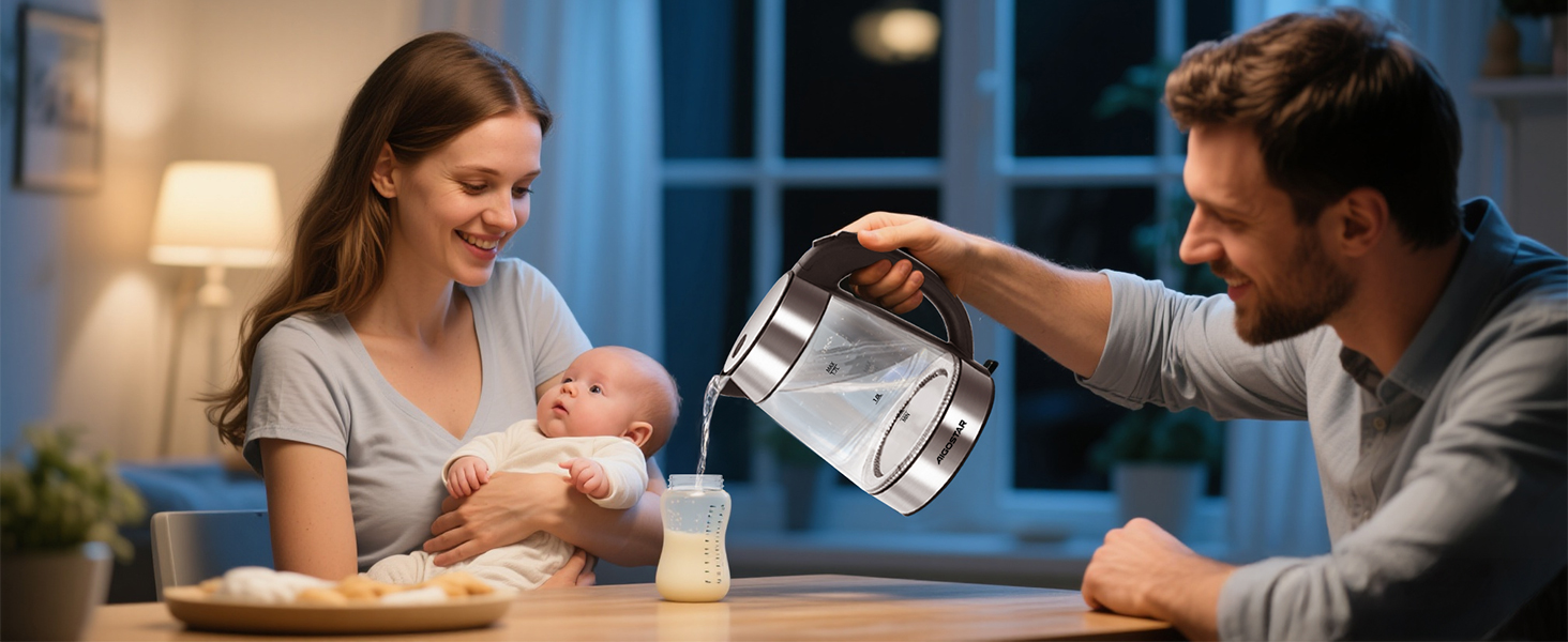 Електричний чайник Aigostar 1.7л, 2200W, LED, без BPA, скло Borosilikat, фільтр від накипу, чорний (Chubby)