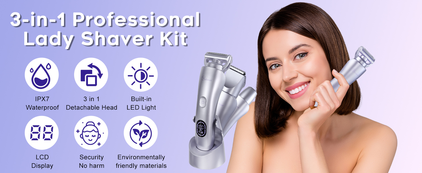 Електричний жіночий епілятор Hatteker 3-в-1: тример для бікіні, бритва та епілятор. З LED-дисплеєм, водонепроникний IPX7, USB-зарядка (фіолетовий)