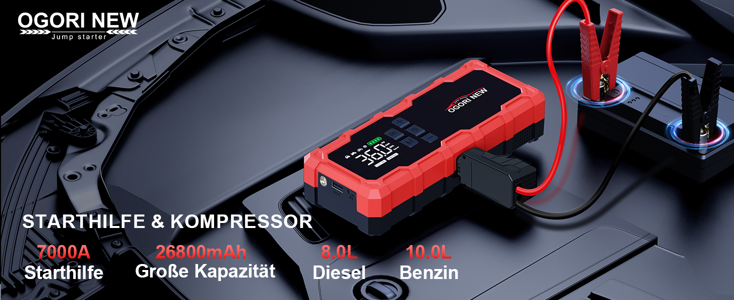 Powerbank з компресором та пусковим пристроєм Starthilfe 6000A, 12V, LED ліхтарик, для 8L бензину/10L дизеля