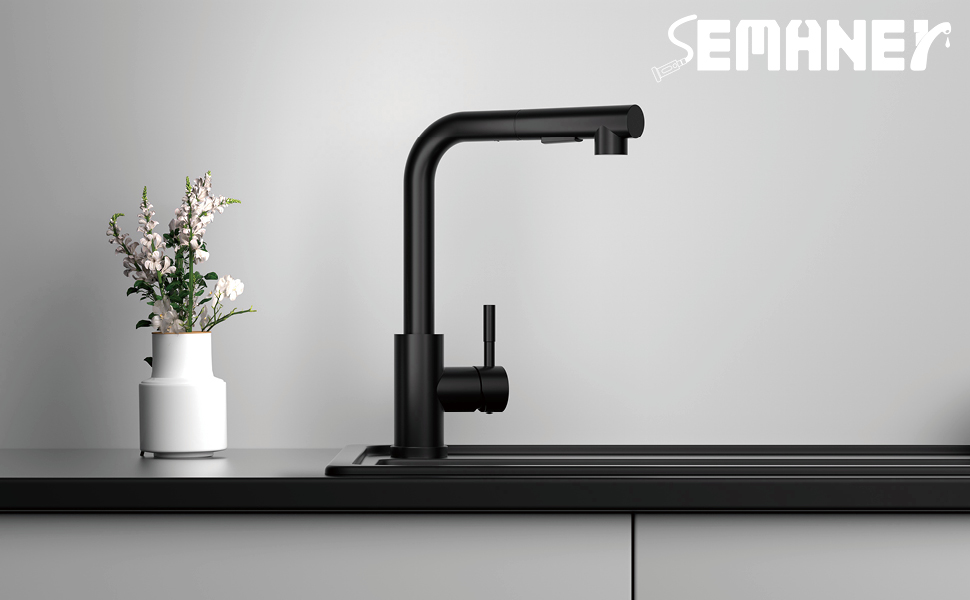 Кухонний змішувач SEMANEY з висувною лійкою, чорний, з донним клапаном, 360° обертання, 2 режими, для кухні