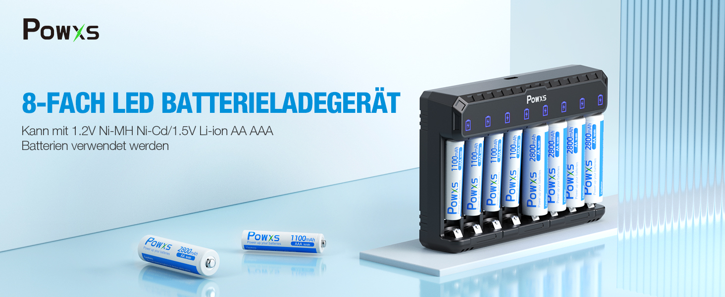 Зарядний пристрій POWXS для акумуляторів AA AAA (NIMH/NICD/Li-ion/Lithium) з LED-дисплеєм та USB-C, 8 слотів, швидка зарядка