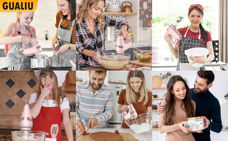 Електричний ручний міксер з нержавіючої сталі, вінчики та гаки для тіста, 5 швидкостей, Turbo Boost, для випічки, тортів, яєць та збивання (РОЖЕВИЙ)