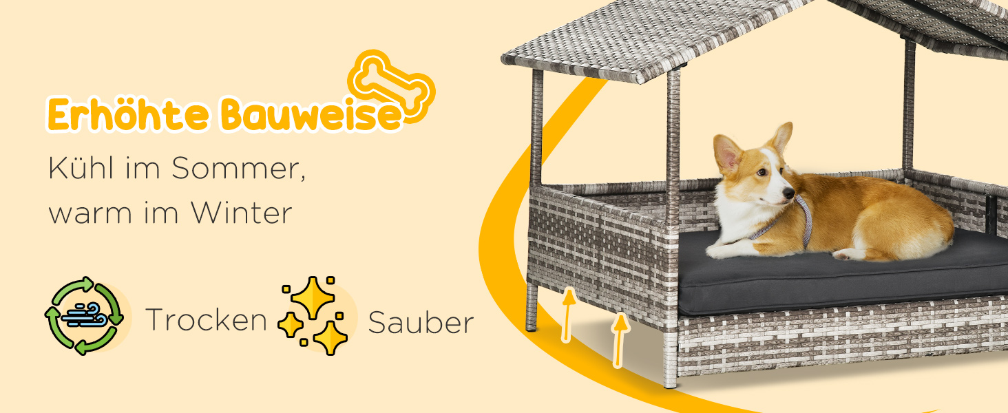 Лежанка для собак PawHut з дахом, ротанг, для вулиці, 69 x 98 x 70 см (Сірий)