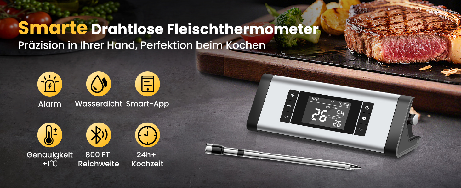 Бездротовий термометр для м'яса з Bluetooth, дальність до 240м, керування через додаток, до 24 годин роботи, IP67, миється в посудомийній машині, стійкий до олії - для гриля, коптильні, ротатерія, духовки, аерофритюрниці HK-BQ-01
