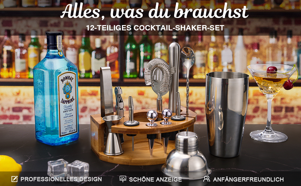 Набір шейкер для коктейлів Barkeeper Set з підставкою, нержавіюча сталь, професійний барний інвентар (срібний)