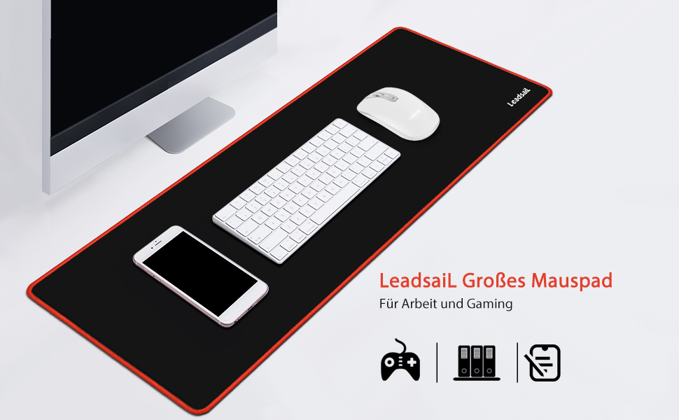 Leadsail XXL килимок для миші та клавіатури (800x300x4 мм), антивологий, преміум-текстура, для геймерів, PC, червоний