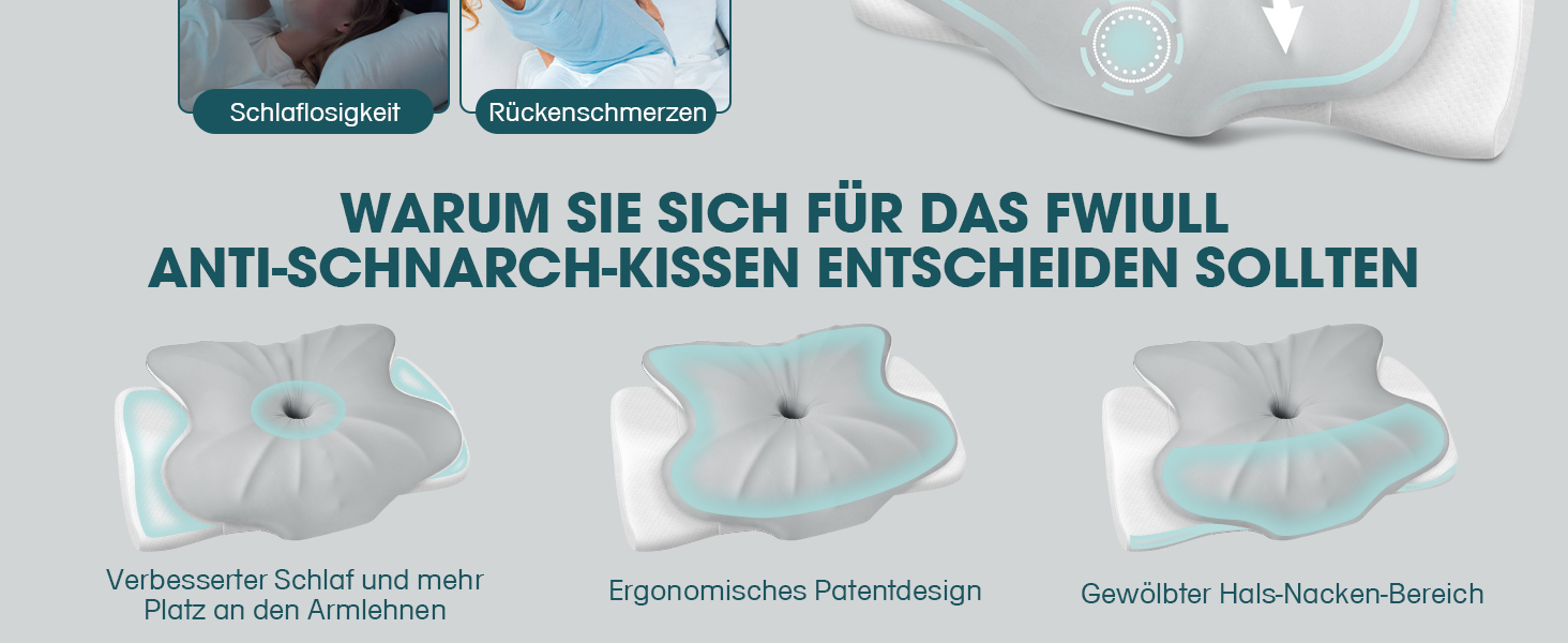 Ортопедична подушка для шиї Fwiull, подушка від хропіння, з піною з пам'яті, ергономічна, для сну на боці, спині та животі