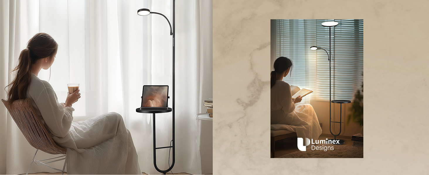 Стійка лампа LuminexDesigns з регулюванням яскравості, 36W+7W LED, 3200LM+600LM, 2700K-6500K, чорний колір. Сучасна підлогова лампа для вітальні з пультом дистанційного керування та функцією настільної лампи.