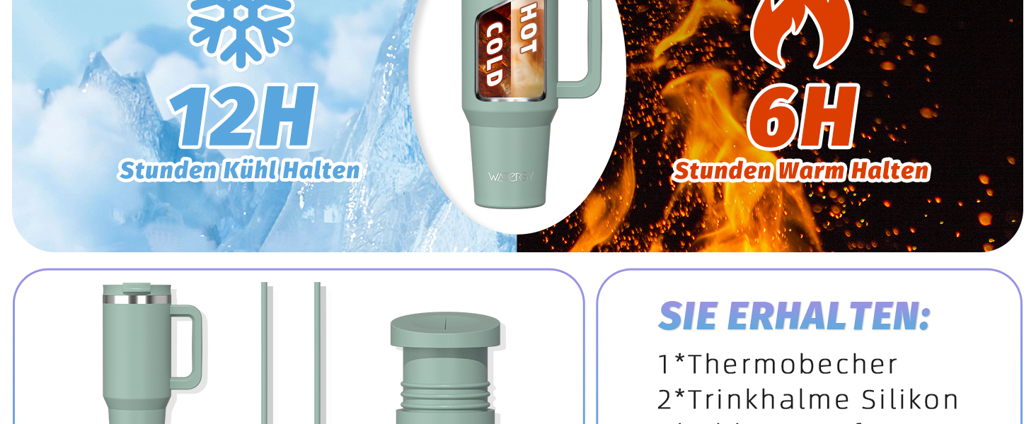 Термокружка WATERSY 1.2L з 2 трубочками, витокозахисний термос для кави To Go, вакуумна ізоляція, без BPA, ретро-зелений