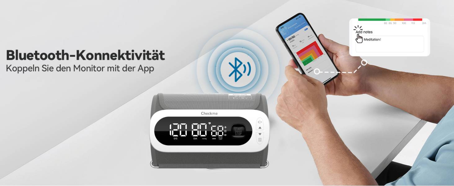 Тонометр на плечі CheckMe BP2A Nexus з великим дисплеєм, середнє значення за 3 вимірювання, бездротова манжета (22-42 см), додаток для iOS/Android, легке читання та професійна точність
