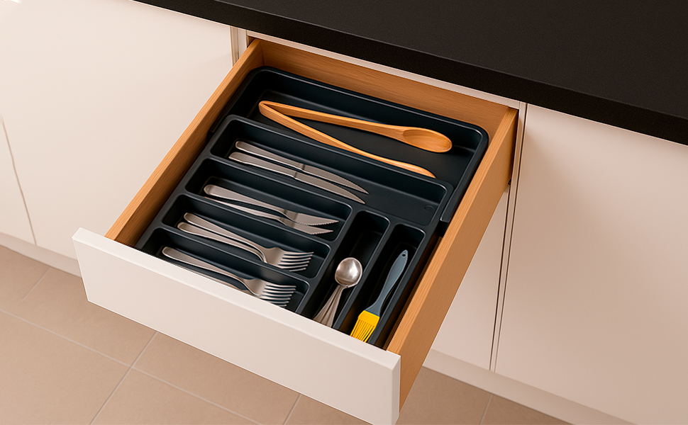 Органайзер для столових приборів Edihome в шухляду, розширюваний, 6-8 відділень, чорний, без BPA