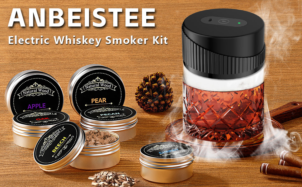 Портативний електричний димогенератор для віскі - багатофункціональний набір для коктейлів з 6 дерев'яними трісками (без бутану) з вбудованим запальничкою