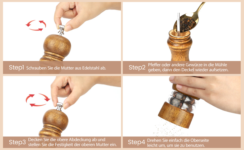 Набір для солі та перцю Jepsen: ручні млини з дерева, наповнювані, з регульованим керамічним ядром, 2 шт.