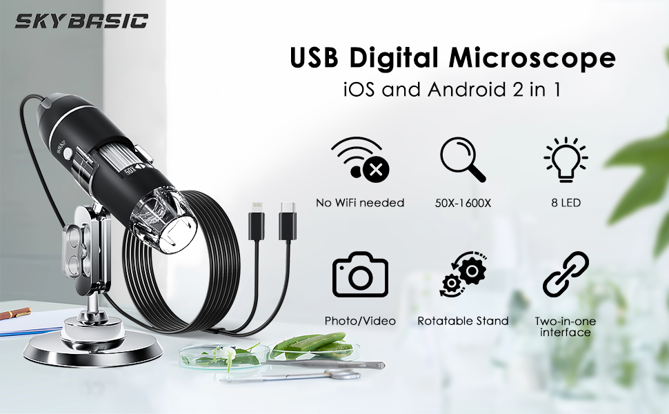 Цифровий мікроскоп USB SKYBASIC з ручним керуванням, HD-інспекційна камера з 50-1600x збільшенням, регульований штатив, 8 LED-ламп, сумісний з iOS та Android. Чорний