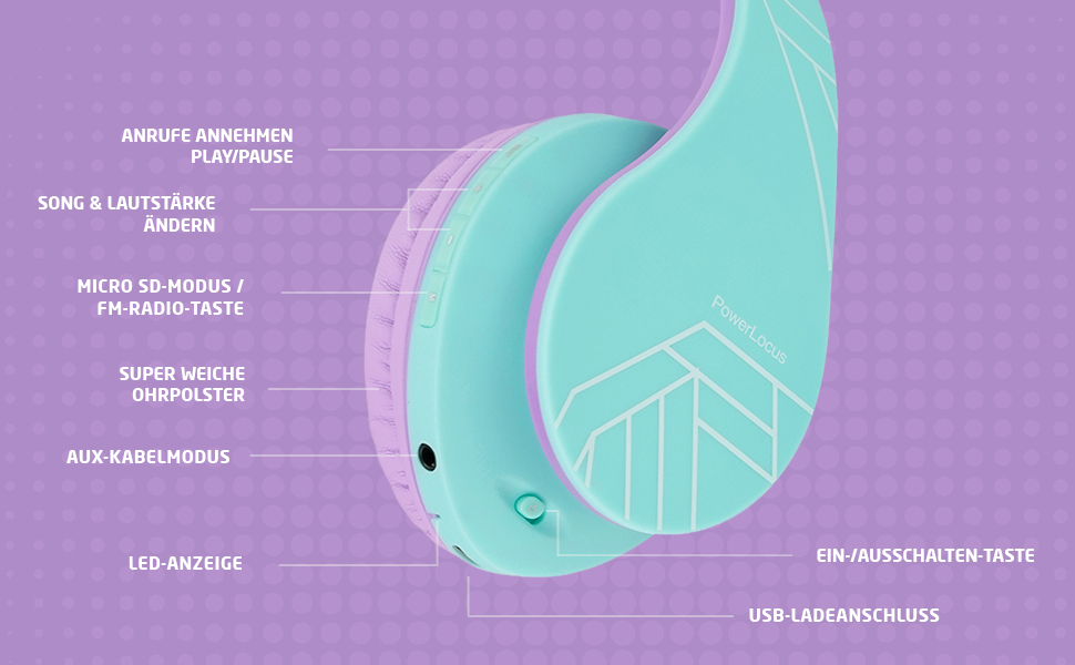 Дитячі навушники PowerLocus Bluetooth з обмеженням гучності 85dB, складні, з чохлом, Over-Ear, бездротові та провідні з мікрофоном, Micro-SD для телефону, ПК, планшета, зелені