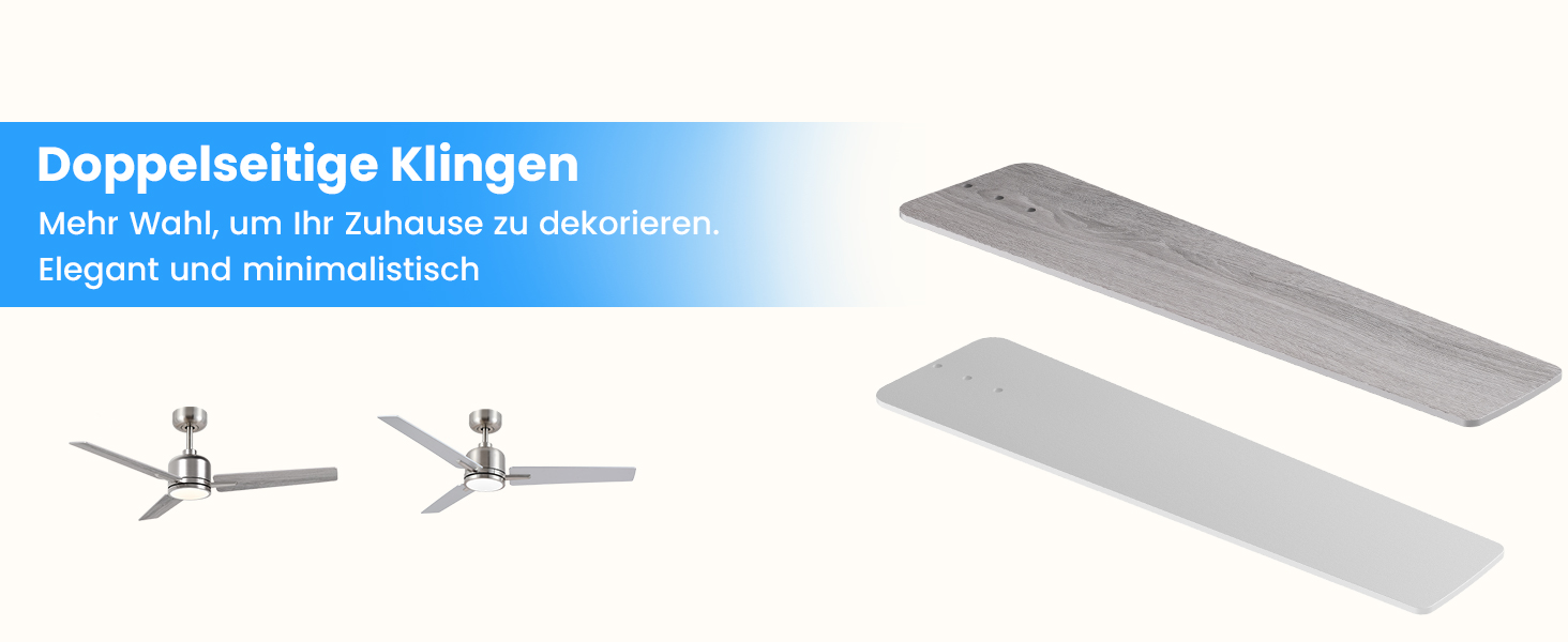 Стеляний вентилятор Newday білий, 122 см з підсвіткою та пультом керування. Безшумний вентилятор для стелі з лампою, регульована яскравість, DC мотор, реверсивний для спальні та вітальні (107-silber-holz)