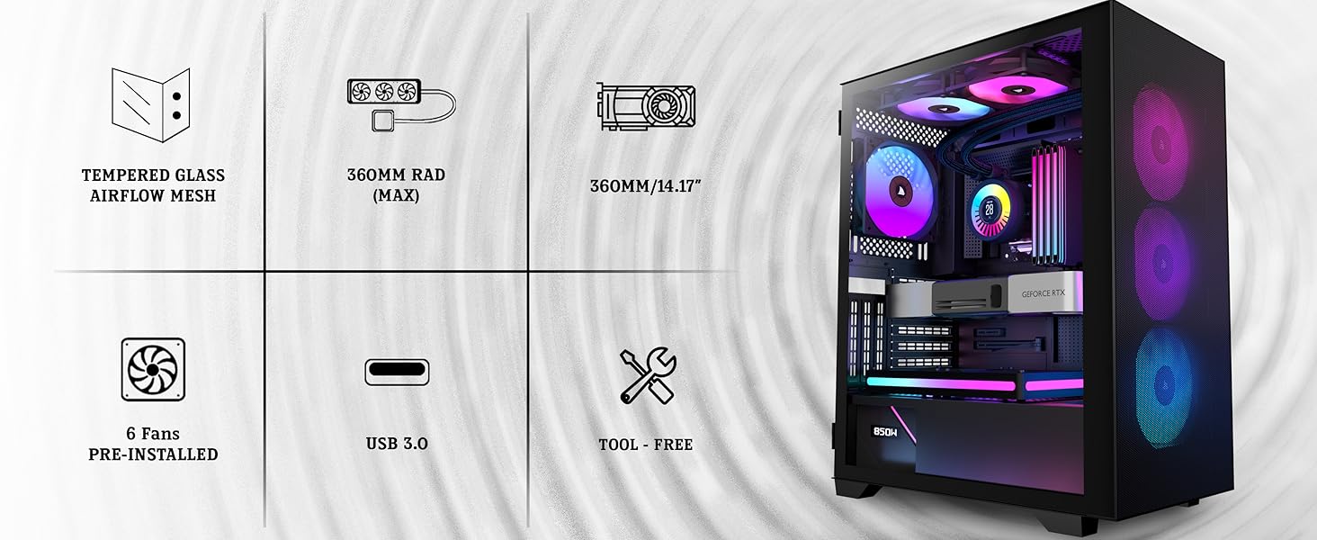 Корпус ПК KEDIERS H05: Ігрова Mid-Tower з 6 вентиляторами ARGB та скляною панеллю