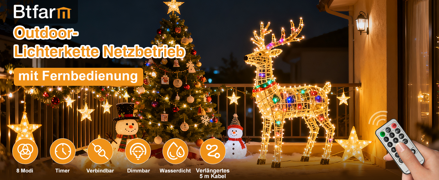 Льонокотова гірлянда світлодіодна 20 метрів, 200 LED, зовнішня, з пультом, таймер, IP65, тепле біле світло, для декору саду, ялинки, балкону, кімнати