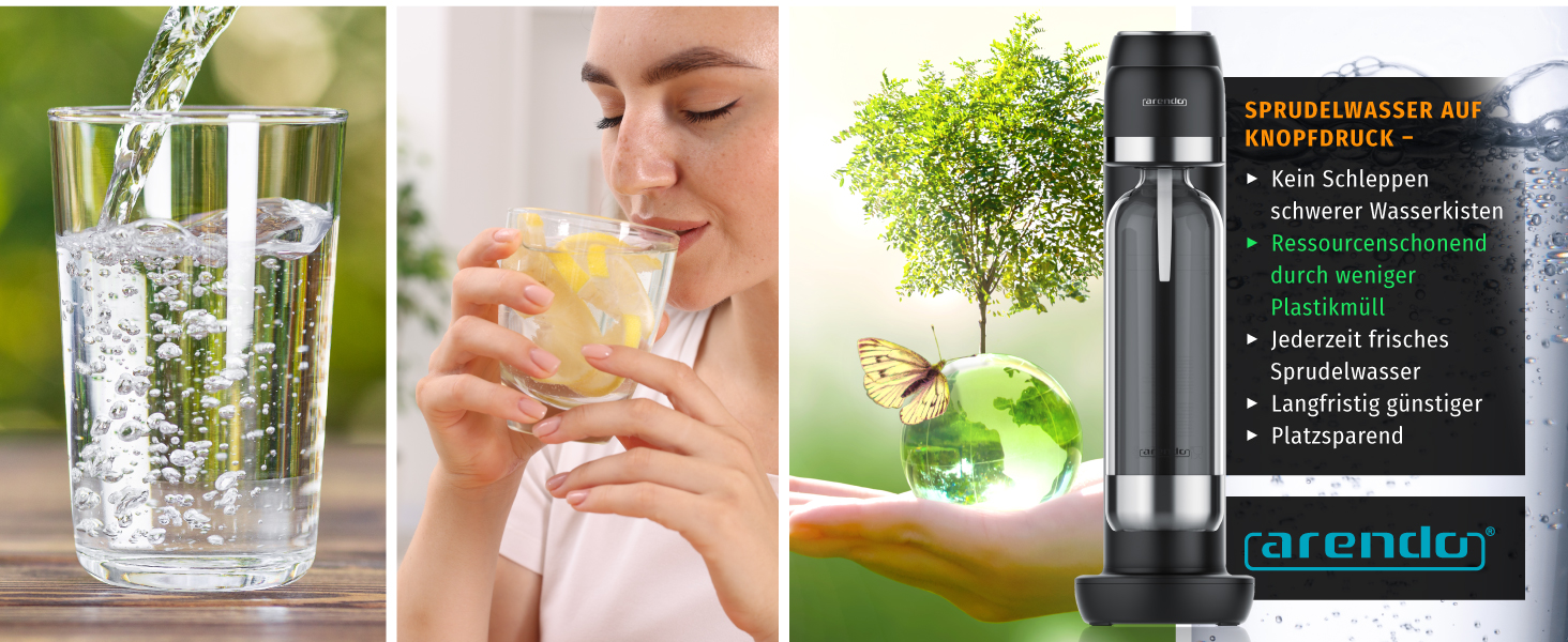 Arendo Soda Maker: Газова вода вдома - содовий напій, пляшка 1000 мл, BPA free, сумісний з CO2 балонами 60 л, чорний