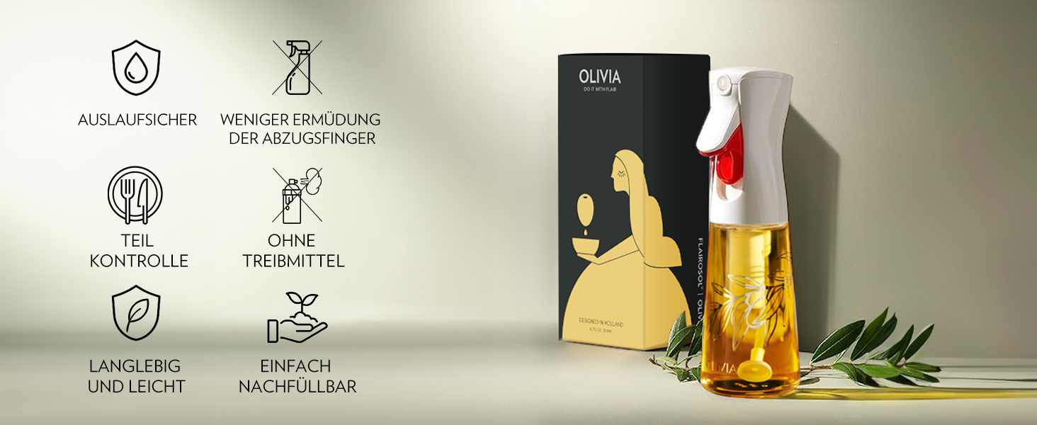 Скляний олійний спрей FLAIROSOL OLIVIA 200 мл з дозуванням, для кухні, салатів, гриля, випічки, золоті листя