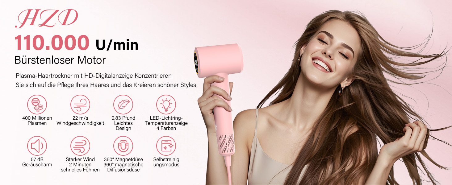 Фен з дифузором, 57dB, швидке сушіння, для подорожей та дому (рожевий)