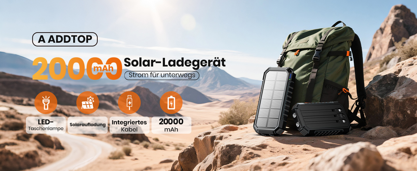 Power Bank A ADDTOP 22.5W 20000mAh сонячна бездротова, з 2 кабелями та ліхтариком, портативний акумулятор USB-C LED для телефону, планшета, кемпінгу (Чорний)