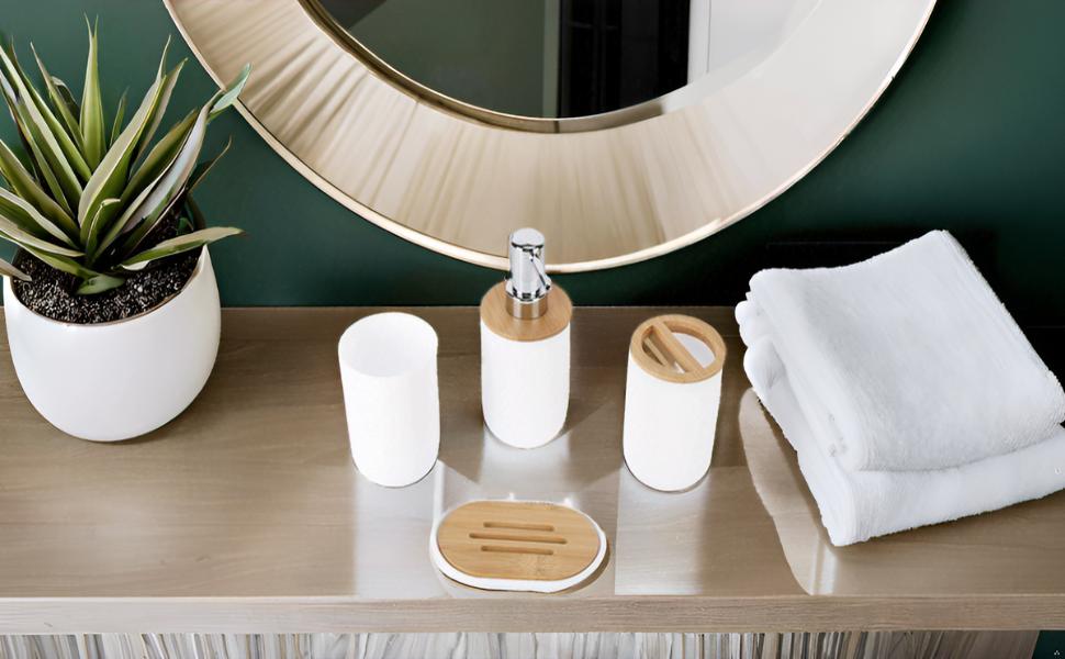 Набір аксесуарів для ванної кімнати на 4 предмети: тримач для зубних щіток, мильниця, дозатор для лосьйону, стакан для ополіскувача, сучасна сантехніка для дому та готелю (білий)