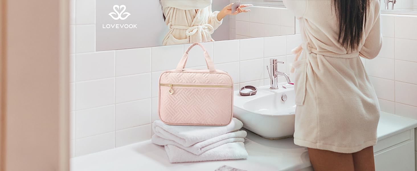 Сумка для косметики жіноча LOVEVOOK водонепроникна, з гачками, рожева, велика