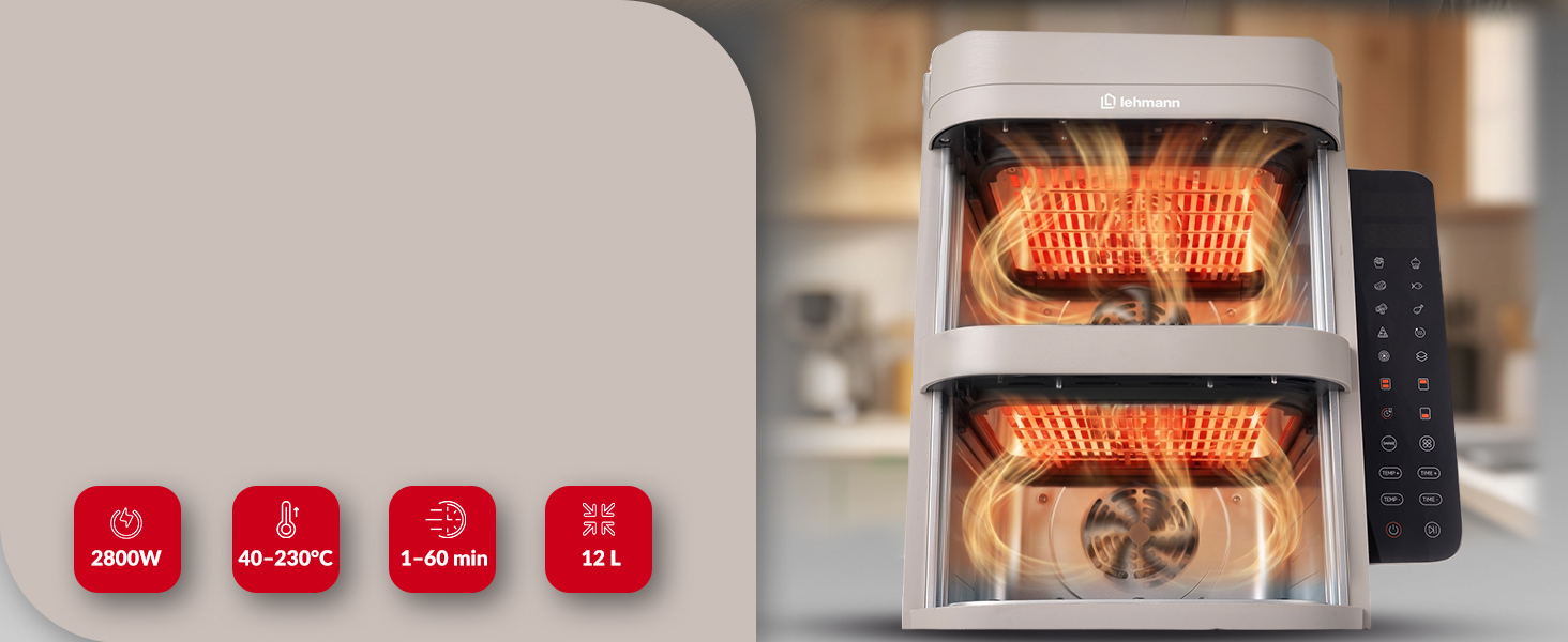 Аерофритюрниця з двома камерами LEHMANN XXL 12L, безмасляний Airfryer на 2800 Вт, 10 програм, антипригарне покриття, бежевий