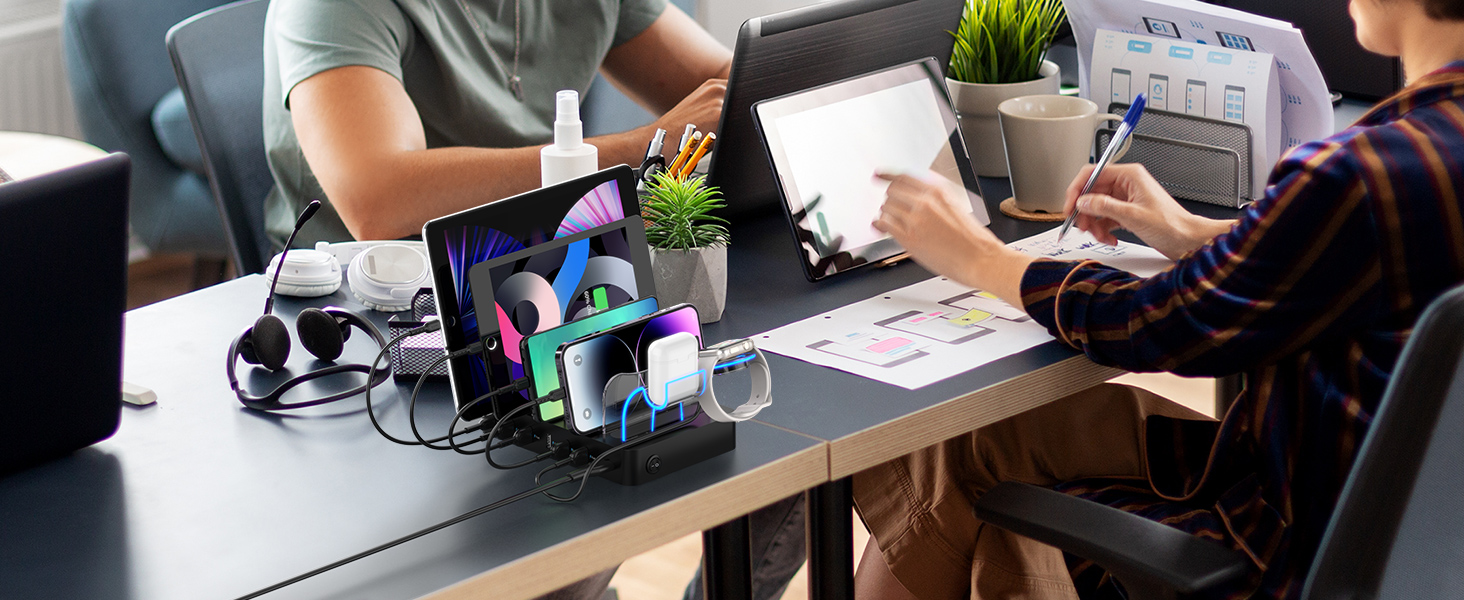 Зарядний хаб SooPii USB 60W/12A з 6 портами, органайзер для декількох пристроїв, з тримачем для Apple Watch, 6 кабелів у комплекті (Чорний)