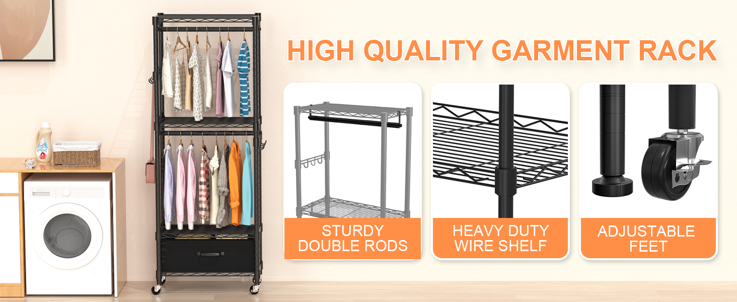 Clothes Rack, Clothes Rack, 4 Tier, Adjustable Closet Organizer System with Drawer | Double Rods | Side Hooks | Holds 445 lbs