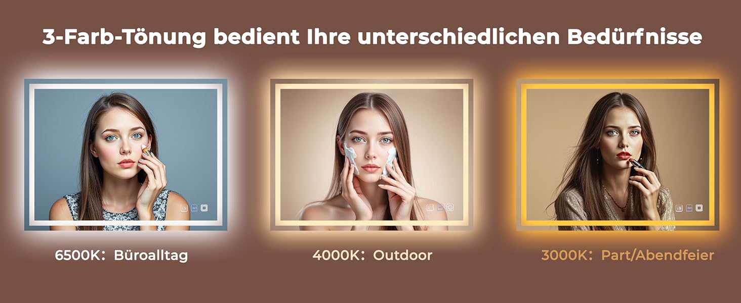 Дзеркало для ванної кімнати з підсвічуванням 60x50x3,5 см, LED, 6400K, біле світло, економія енергії, вертикальне/горизонтальне кріплення, антизапар, 3 колірні температури