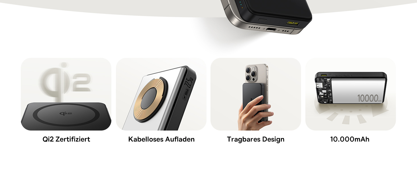 Power Bank Baseus 10000mAh: Бездротова зарядка 15W, MagSafe, PD 22.5W, USB-C, Білий/Чорний