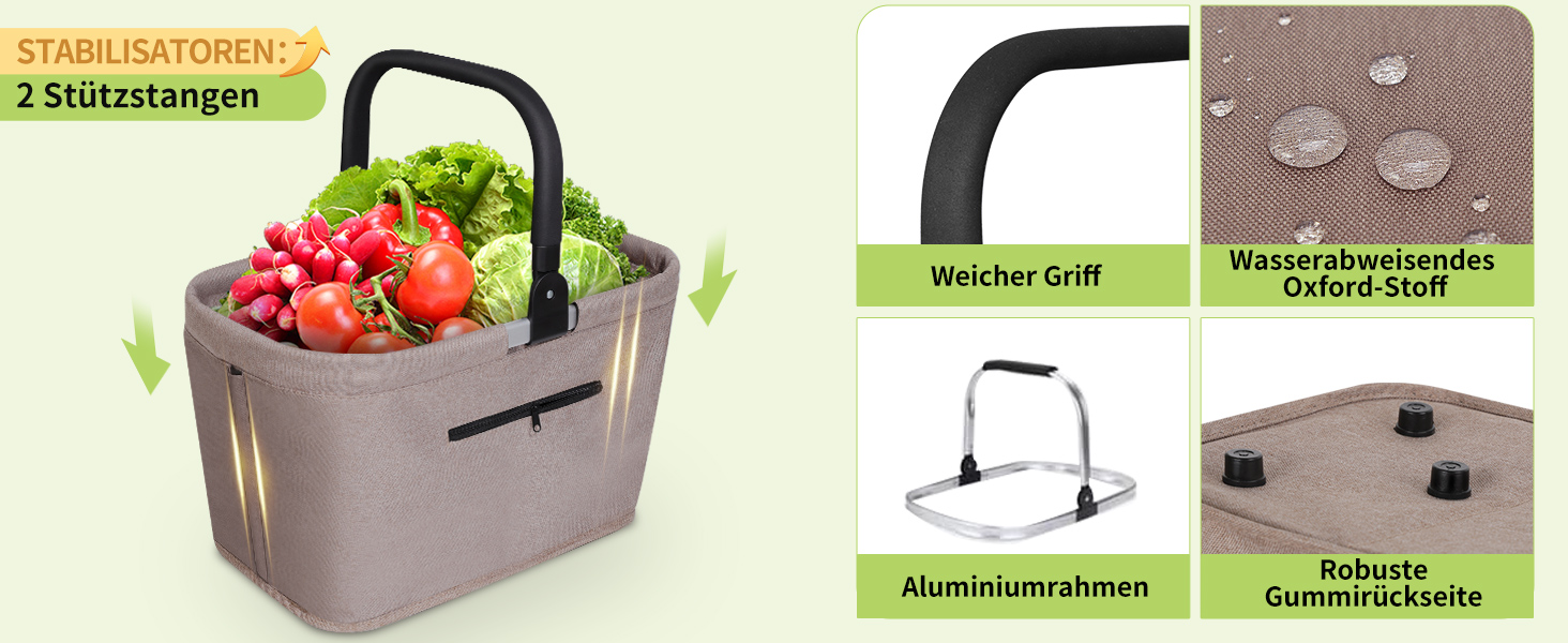 Складаний кошик для покупок 35L з 2 стійками, стабільний сімейний кошик з алюмінієвою ручкою, водонепроникний кошик для пікніка, практичний кошик для перенесення, великий для подорожей, кемпінгу, покупок, подарунка - Хакі